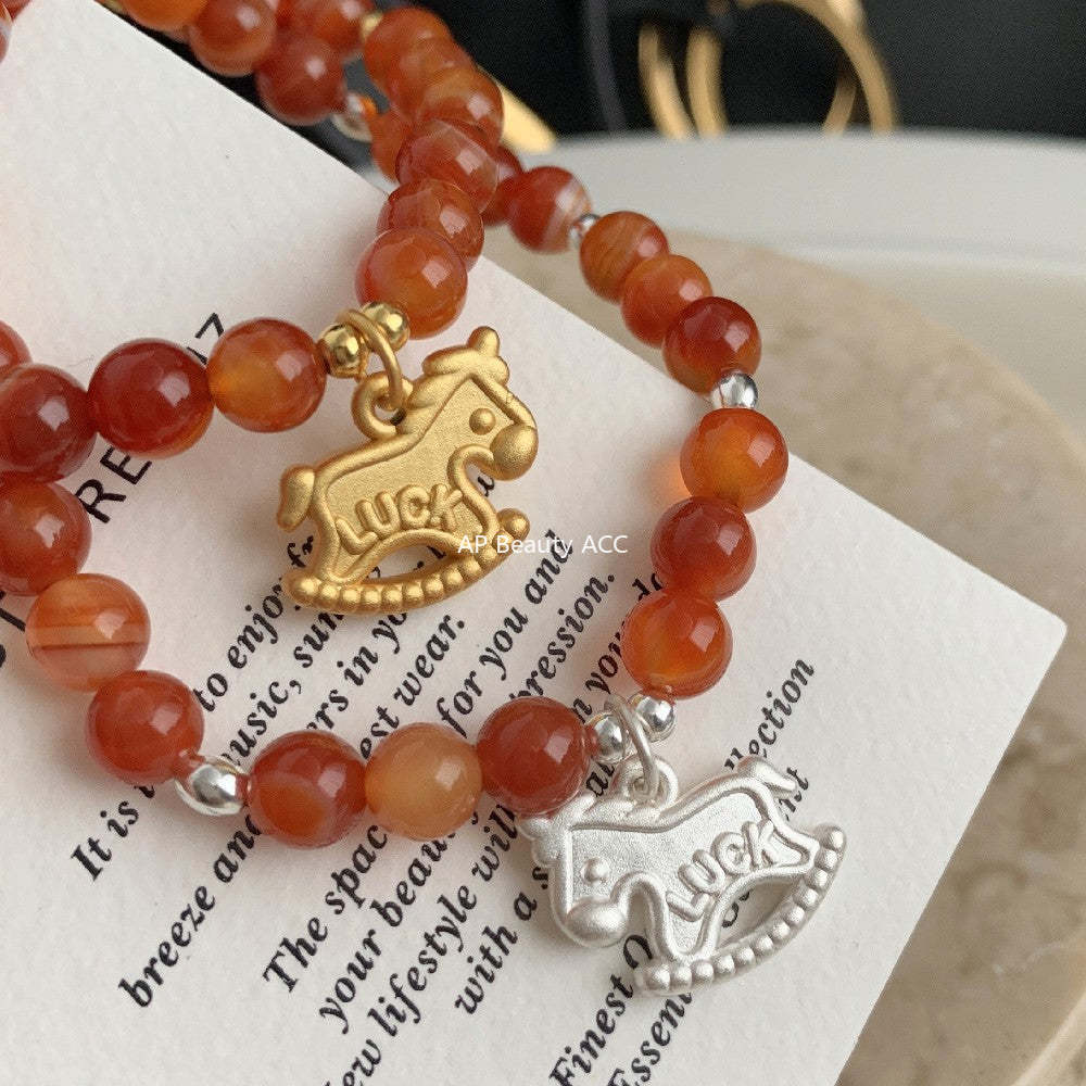 C廠-luck小木馬S925純銀小馬紅瑪瑙米珠手鍊S925純銀手鍊女士2026馬年「1652」25.12-3