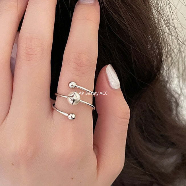 C廠-法式氣質名媛高級感珍珠戒指女百搭純銀疊戴風旋轉四芒星食指戒「JZ-0715」25.10-5