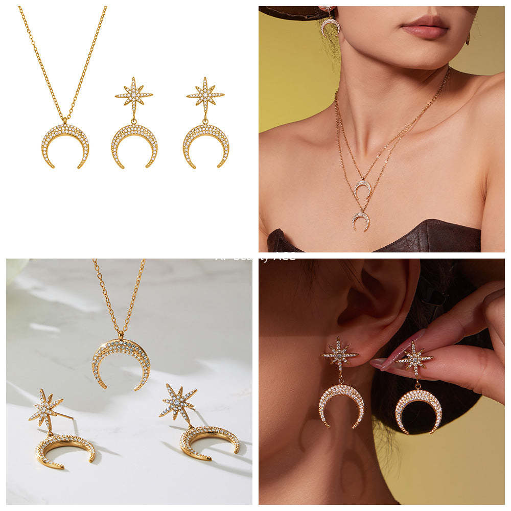 B廠-歐美熱銷新品不鏽鋼5A鋯石八芒星月牙吊墜耳環項鍊首飾套裝「TXP485」25.11-4