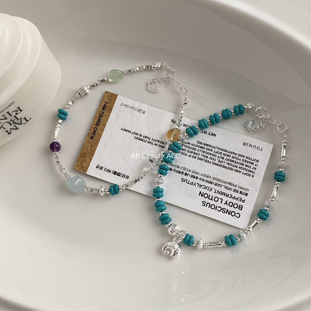 C廠-國朝新中式古風吉祥大象小象鋁鎂礦仿綠松石天然石S925純銀手鍊「1547-1548」25.11-2