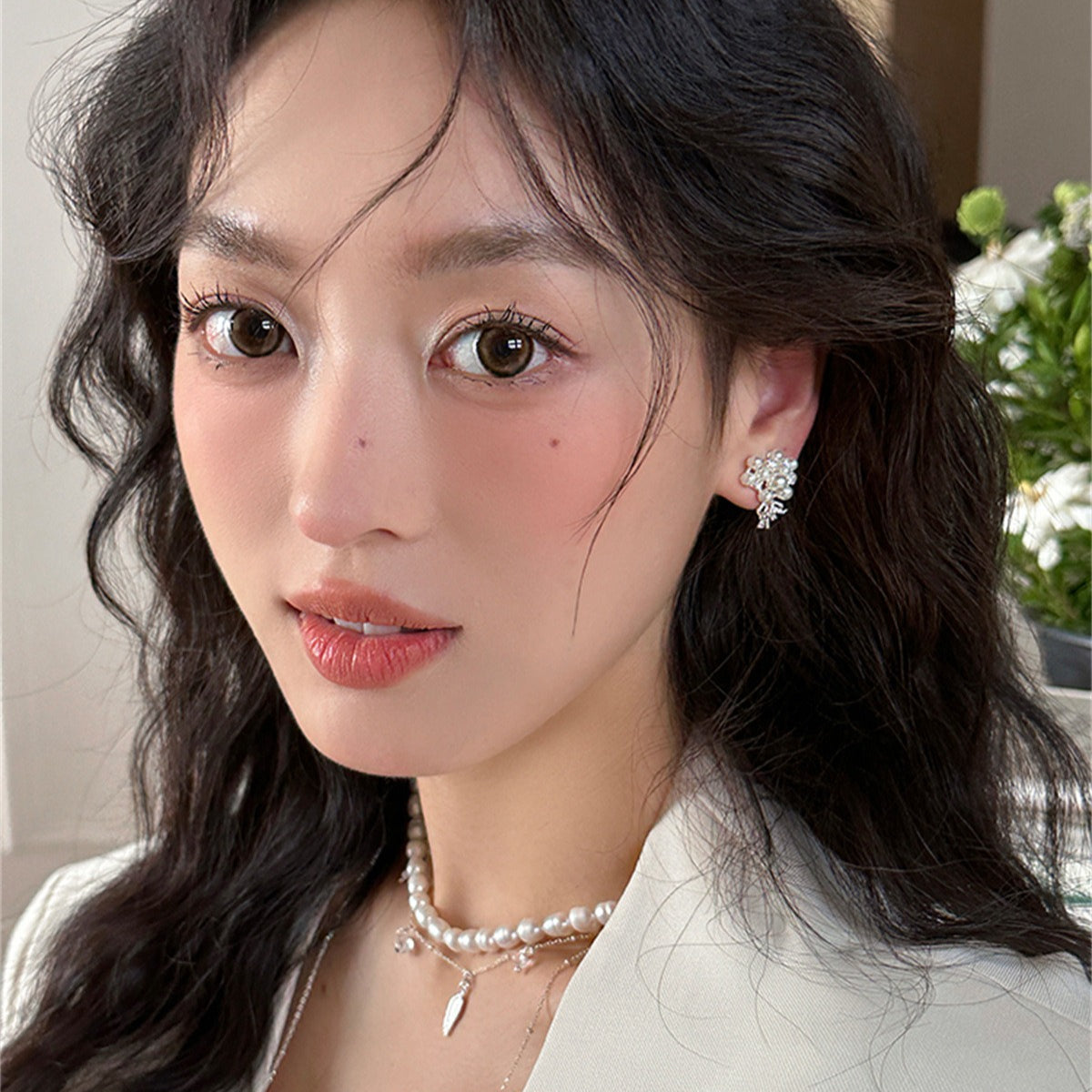C廠-輕奢精緻蝴蝶結珍珠鋯石花束耳釘女法式氣質優雅百搭高級感耳飾「EH-4112」25.10-1