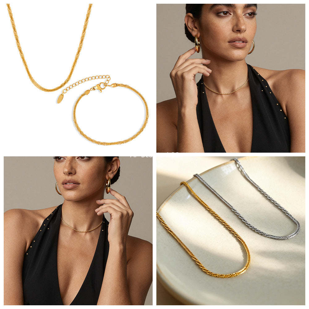 B廠-不鏽鋼滿天星菜花鏈波光粼粼超閃手鍊鎖骨項鍊套裝鍍18k金不掉色「P552」25.12-2