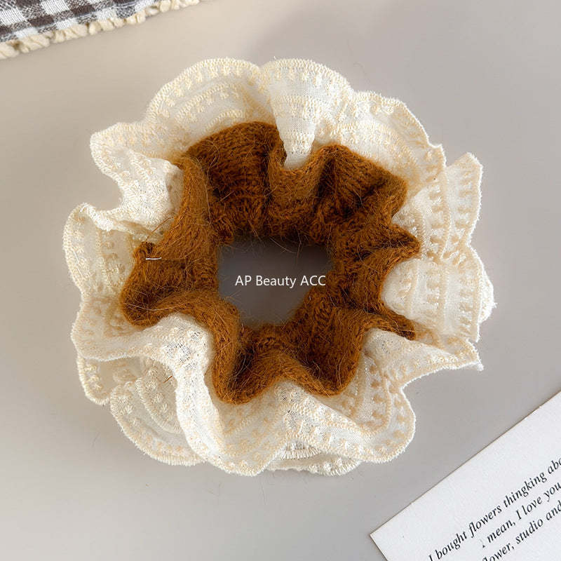 E廠-韓系慵懶風毛線針織蕾絲花邊雙層大腸髮圈女扎頭髮丸子頭髮繩頭繩「27716」25.11-4