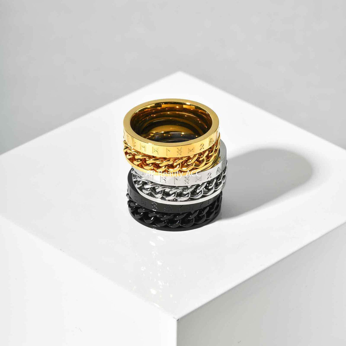 G廠-歐美時尚新款不鏽鋼維京盧恩文鏈條可轉動戒指金色「R-651」25.10-5