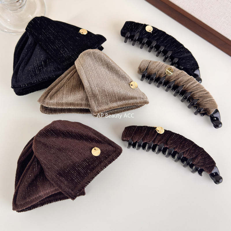 E廠-秋冬復古絨布三角抓夾輕奢純色布藝纏繞香蕉夾高級感扎馬尾竪夾「27720」25.11-4