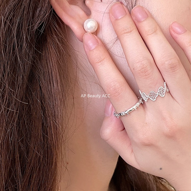 C廠-宮廷風蕾絲花邊純銀戒指輕奢小眾高級感蝴蝶結食指戒百搭氣質指環「JZ-0726」25.11-1