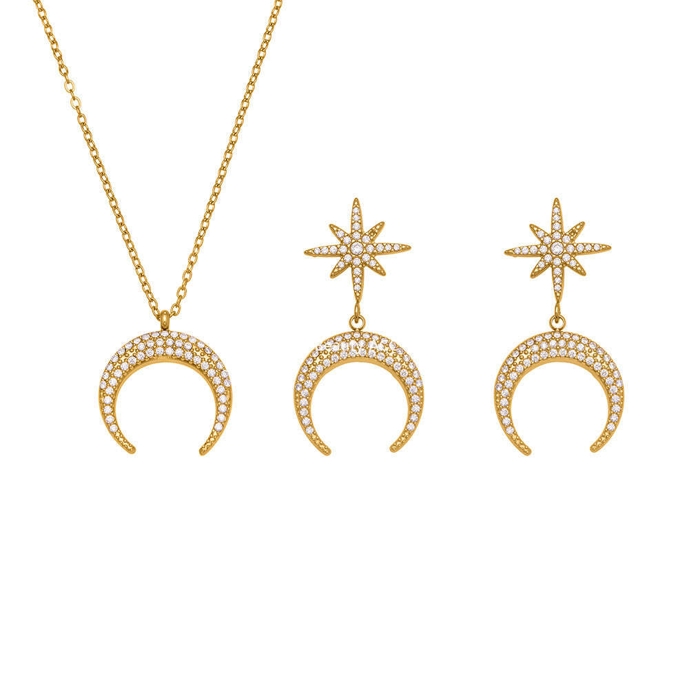 B廠-歐美熱銷新品不鏽鋼5A鋯石八芒星月牙吊墜耳環項鍊首飾套裝「TXP485」25.11-4