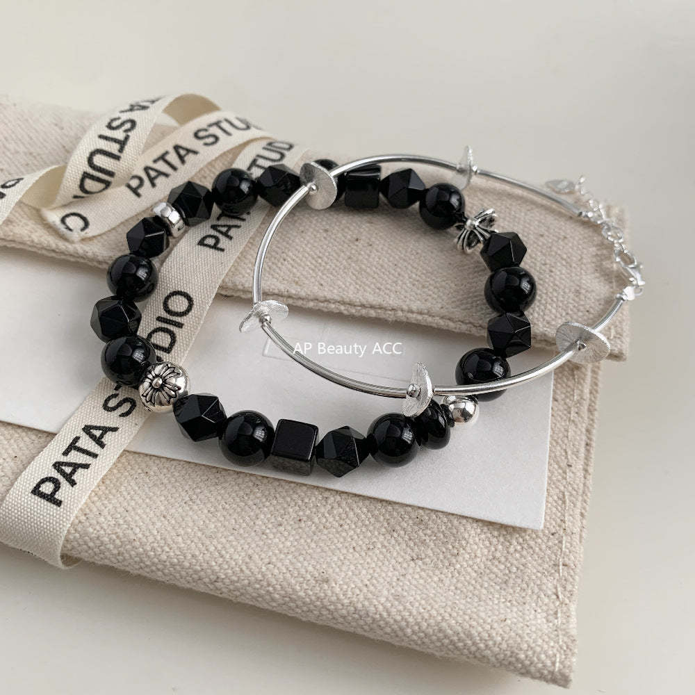 C廠-韓國東大門復古泰銀中性風S925銀十字架黑瑪瑙黑曜石手鍊通體銀「1512」25.11-3