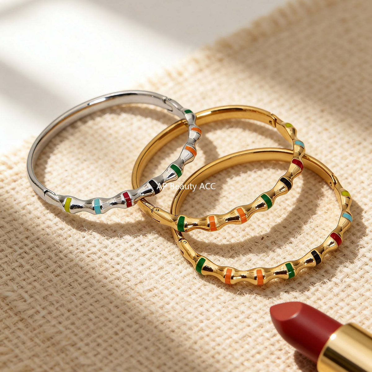 B廠-多巴胺竹節滴油彩色卡扣手鐲組合不鏽鋼鍍18k真金時尚開口手環女「Z522-Z523-Z524」25.12-3