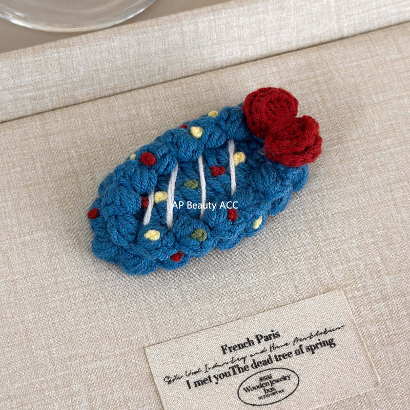 E廠-秋冬手工鈎針毛線水果髮夾女款2025新款前額bb夾側邊夾碎髮瀏海夾「27629」25.11-1