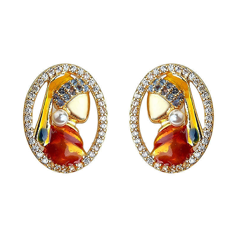 A廠-原創珍珠少女925銀針微鑲鋯石手工彩繪人像幾何耳飾 新款文藝耳釘「7239」25.12-3