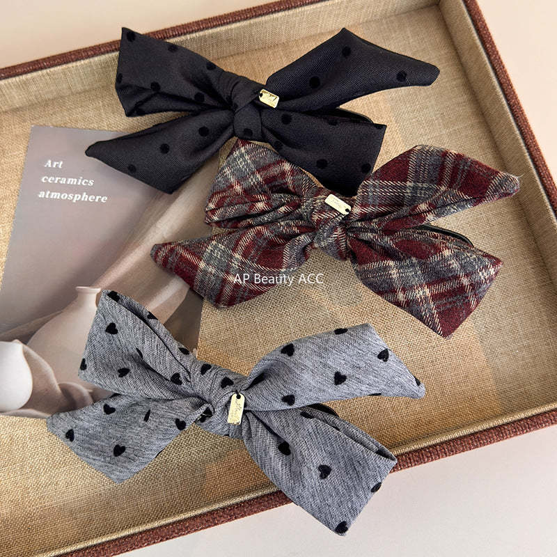 E廠-韓ins愛心波點毛呢格紋蝴蝶結金標後腦勺盤髮夾扎馬尾橫夾髮夾「27749」25.12-1