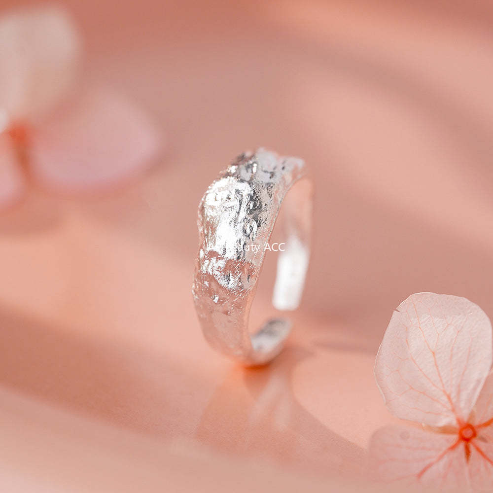 D廠-足銀S999錘紋戒指磨砂時尚冷淡風溫柔疊戴清新小眾個性手飾開口戒「YC4555R_1」25.12-1