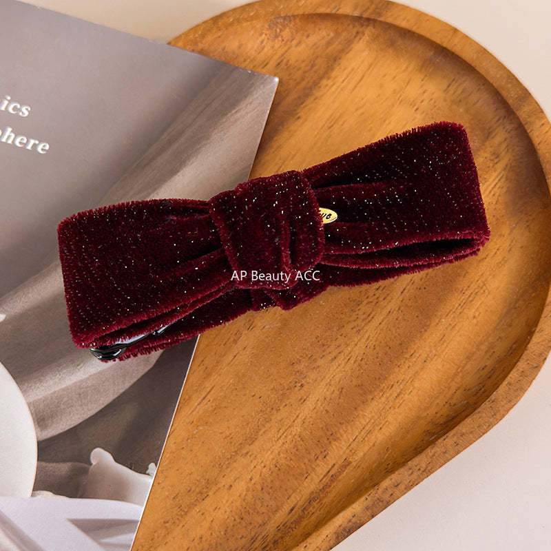 E廠-復古金絲絨細閃蝴蝶結香蕉夾女扭扭夾秋冬新款高馬尾竪夾髮卡髮飾「27763」25.12-1