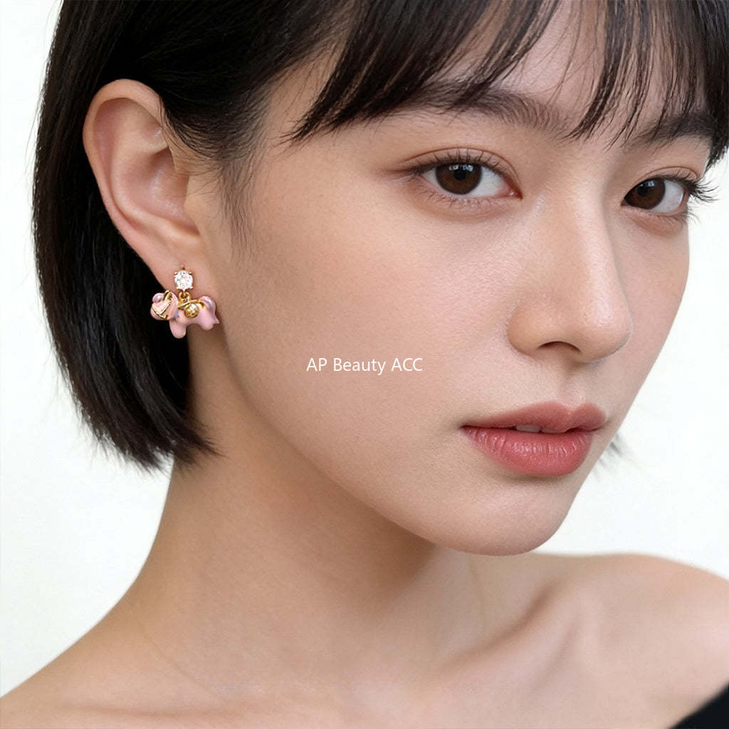 A廠-原創溫柔甜美可愛粉紅小馬高顏值S925銀針鋯石彩繪琺瑯滴釉耳飾「7244」25.12-3