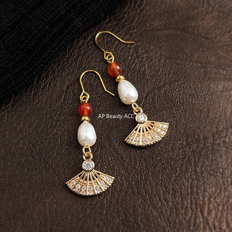 A廠-淡水珍珠新中式宮廷風手工藝設計感微鑲鋯石工廠耳飾新款耳環女「7025」25.11-1