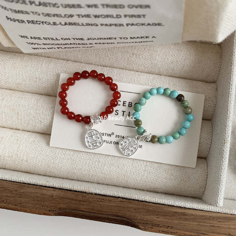 C廠-古風花朵葉子福袋小馬元寶蘋果紅瑪瑙彈力戒指S925純銀戒指女士「RB」25.11-4