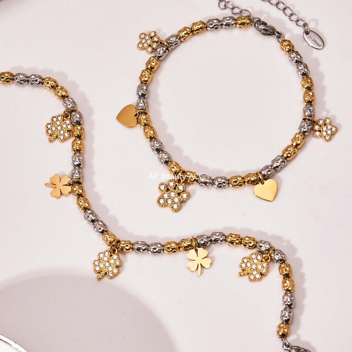 B廠-簡約不鏽鋼拼色項鍊手鍊套裝四葉草鑲嵌鋯石吊墜鍍18k真金「TXP467-TXE467」25.11-3