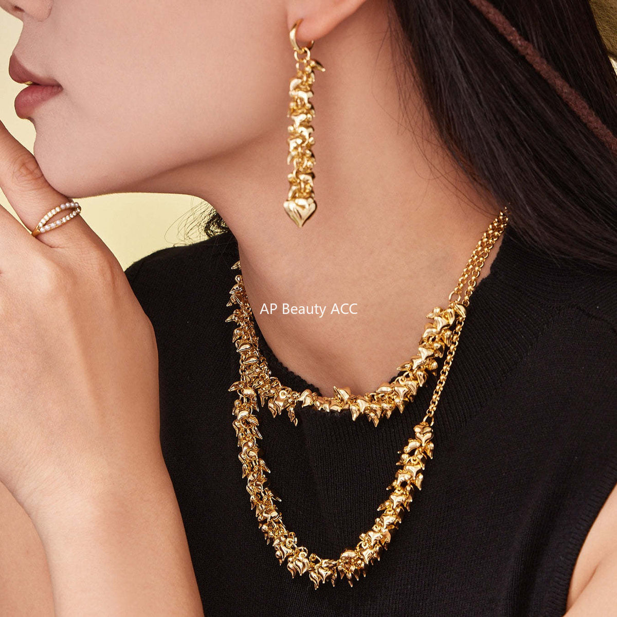 B廠-不鏽鋼多個桃心吊墜項鍊歐美時尚簡約輕奢風飾品鍍18k真金「P1700」25.11-3