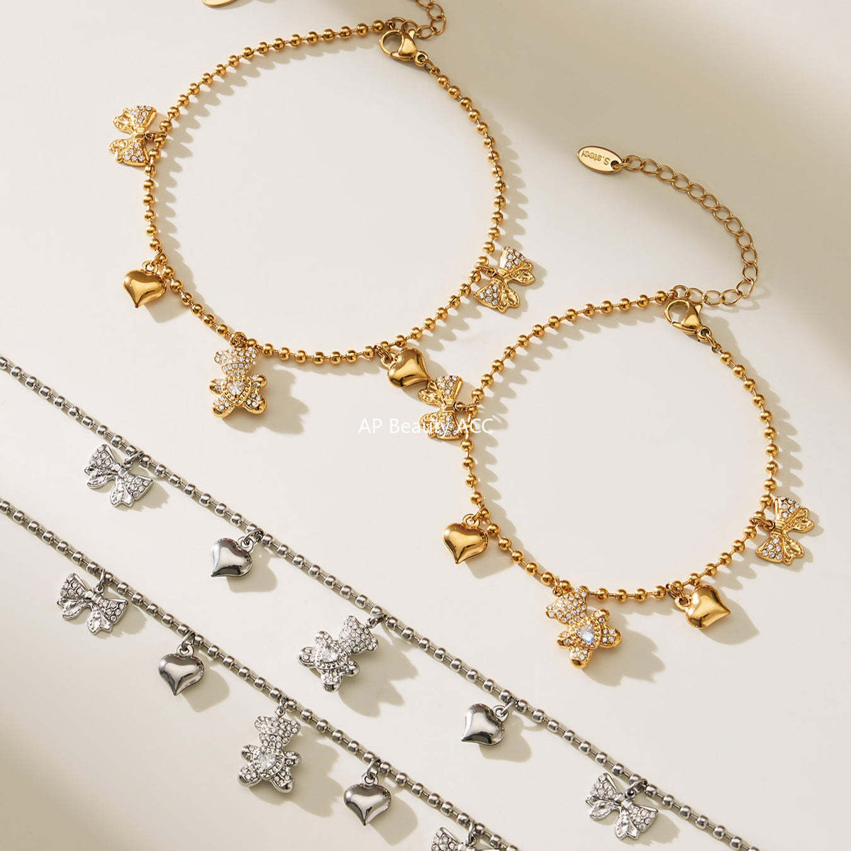 B廠-不鏽鋼5A鋯石滿鑽小熊蝴蝶結愛心多配件吊墜項鍊手鍊耳環首飾套裝「TXP500」25.11-4