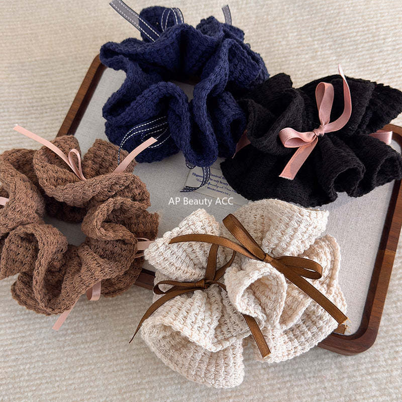 E廠-甜美少女風針織鏤空絲帶蝴蝶結大腸圈髮繩女新款韓系百搭扎頭髮圈「27784」25.12-2