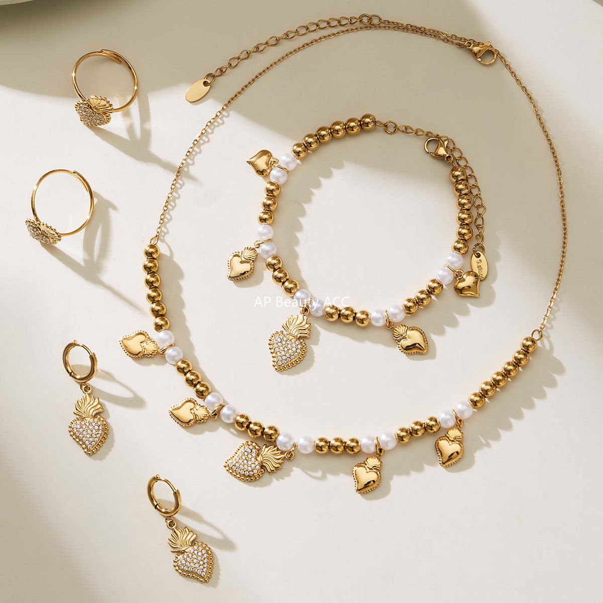 B廠-5A鋯石愛心皇冠吊墜項鍊耳環手鍊戒指套裝不鏽鋼鍍18k真金「TXP490」25.11-4