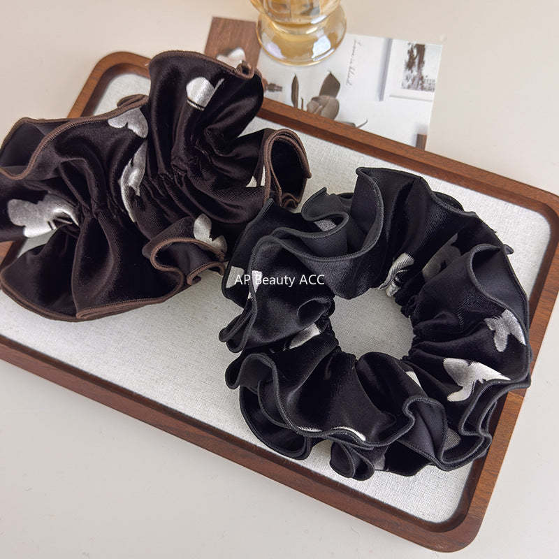 E廠-法式秋冬絲絨印花蝴蝶雙層大腸髮圈女氣質超大丸子頭馬尾頭繩頭飾「27695」25.11-3