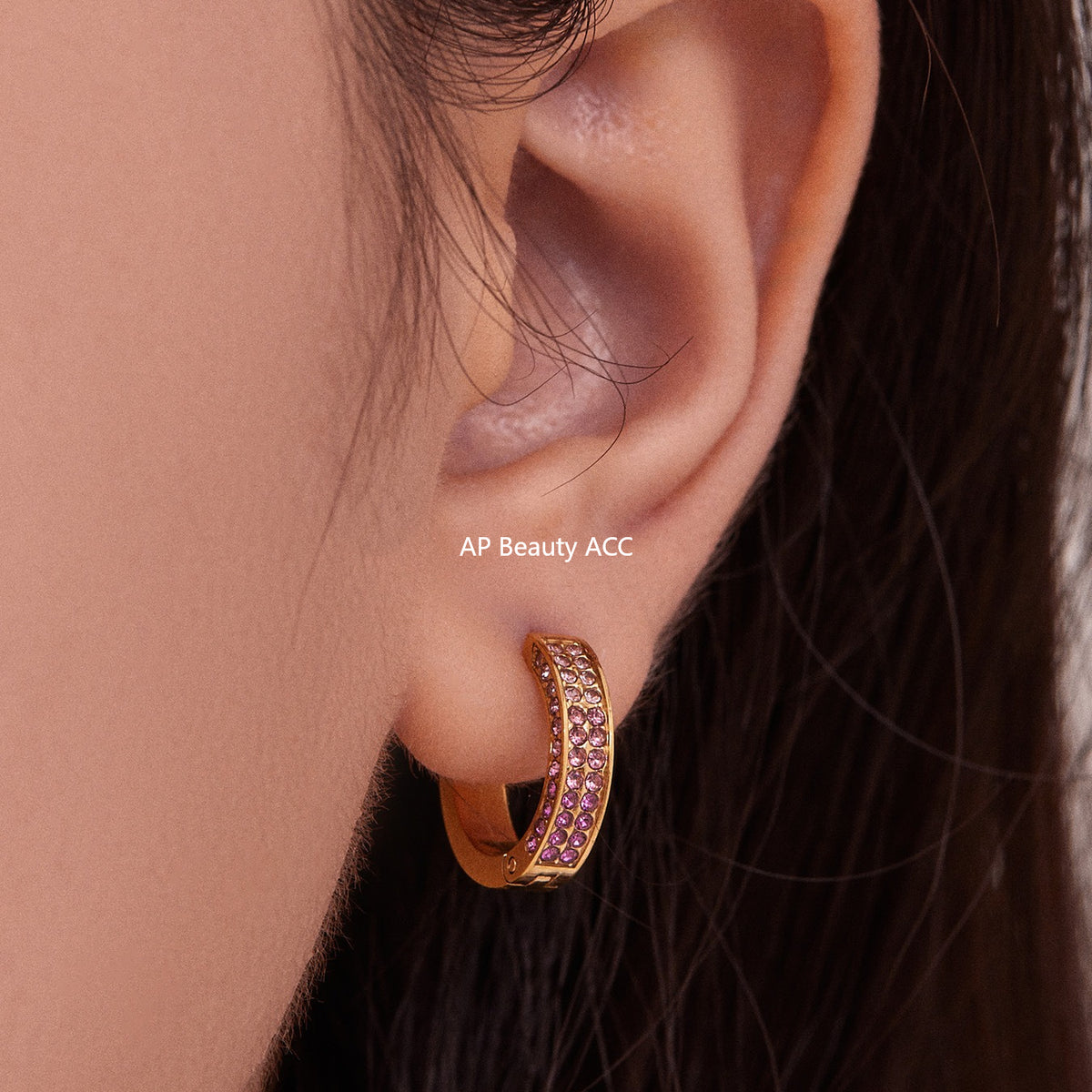 B廠-ins風高質量彩色5A鋯石圓圈卡扣耳環不鏽鋼鍍18k真金耳飾女「F930」25.11-2