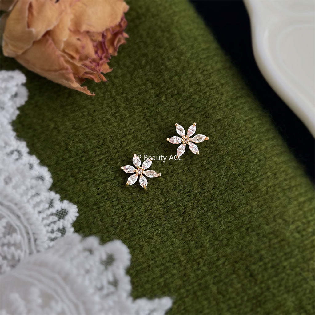 A廠-清新甜美學院風簡約小巧時尚通勤百搭鋯石花朵小耳環工廠耳飾飾品「7099」25.11-3