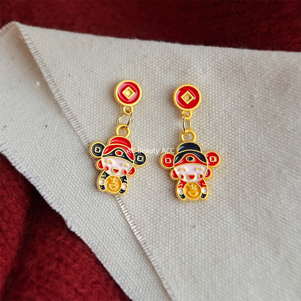 A廠-新年款手工彩繪琺瑯滴釉不對稱財神爺新款耳飾新中式民族風耳環「7231」25.12-2