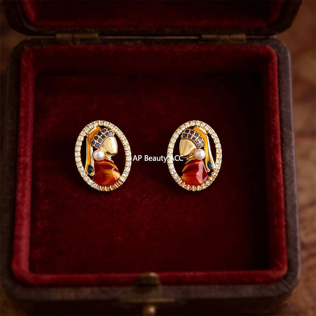 A廠-原創珍珠少女925銀針微鑲鋯石手工彩繪人像幾何耳飾 新款文藝耳釘「7239」25.12-3