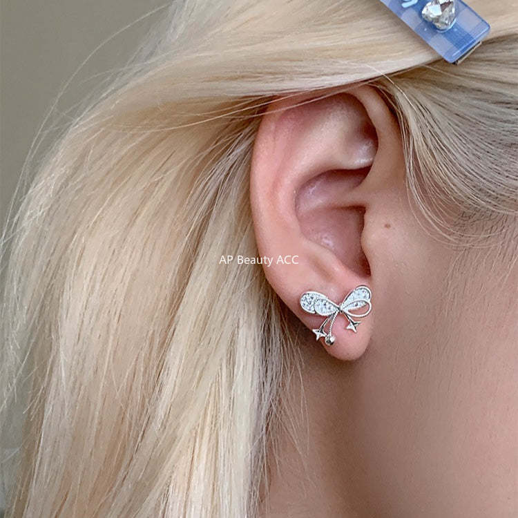 C廠-韓系小香風蝴蝶結星星耳釘女輕奢高級感銀針鋯石耳環精緻秋冬耳飾「EH-4329」25.12-1