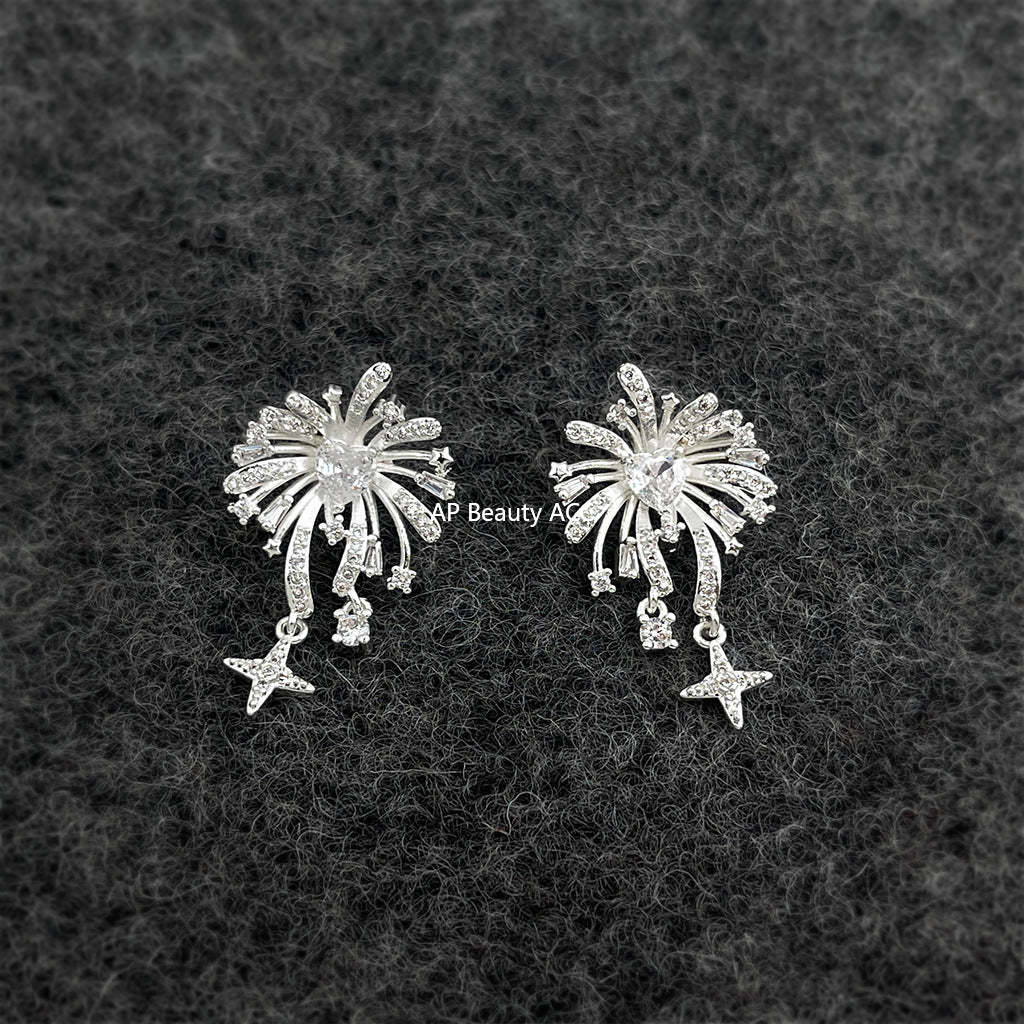 A廠-時尚高級感煙火925銀針芒星流蘇設計感新款耳飾工廠耳環飾品「7022」25.11-1