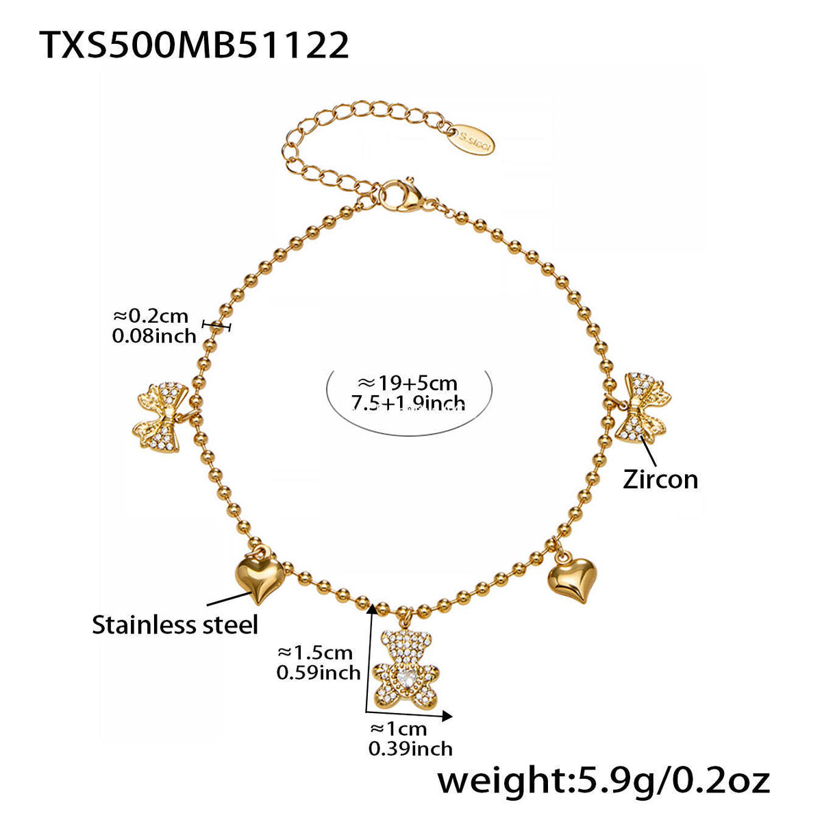 B廠-不鏽鋼5A鋯石滿鑽小熊蝴蝶結愛心多配件吊墜項鍊手鍊耳環首飾套裝「TXP500」25.11-4