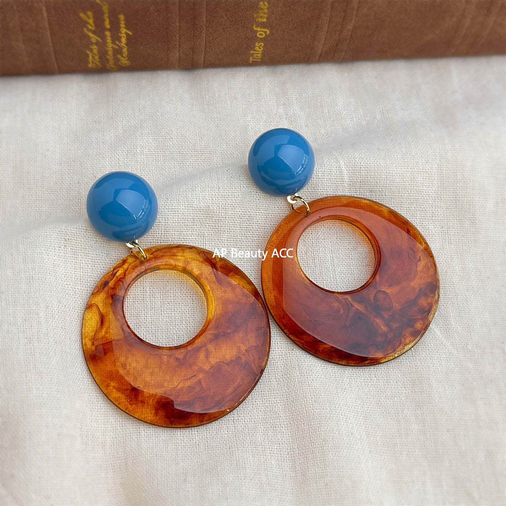 A廠-秋冬爆款文藝復古美拉德風暈染色琥珀咖色幾何誇張圓形耳飾耳環「7029」25.11-1