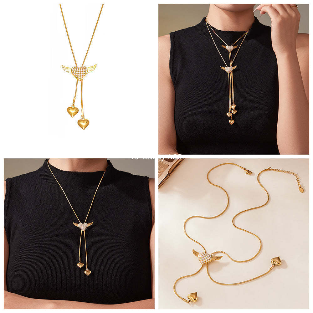 B廠-5A鋯石愛心翅膀抽拉項鍊個性ins冷淡風不鏽鋼流蘇項鍊批發「P1870」25.11-3