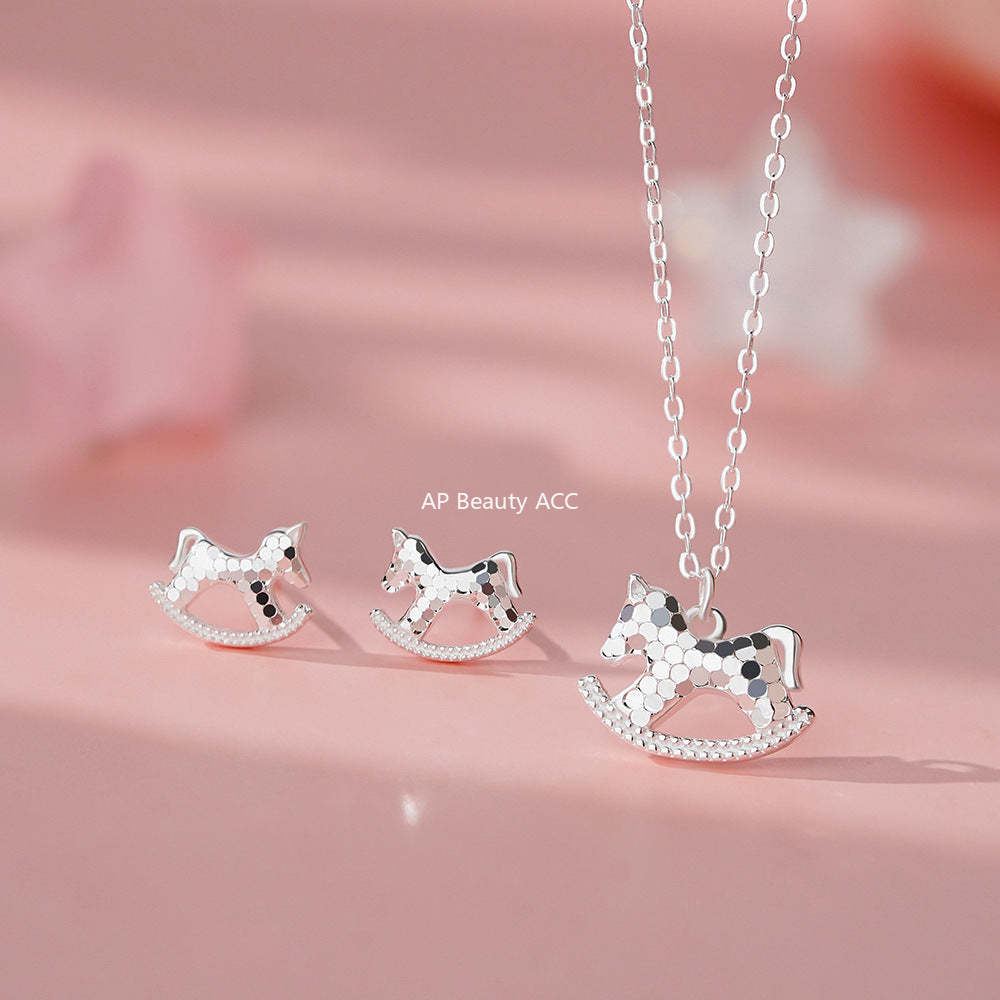 D廠-足銀S999搖搖木馬項鍊生肖馬耳釘碎冰冰新中式個性創意首飾「YC1327N_1 YC3225E_2」25.11-4