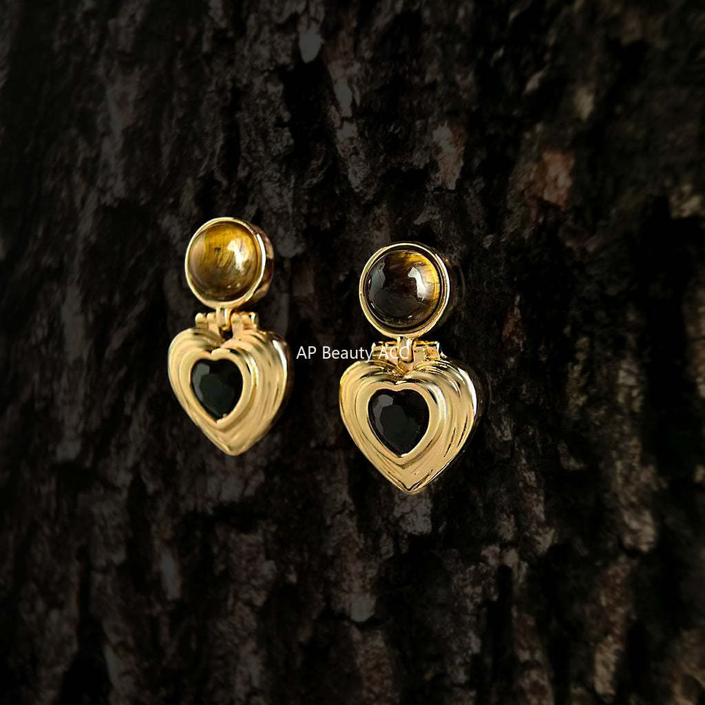 A廠-秋冬爆款美拉德風文藝復古天然石虎眼石中古耳飾工廠愛心幾何耳環「7187」25.12-1