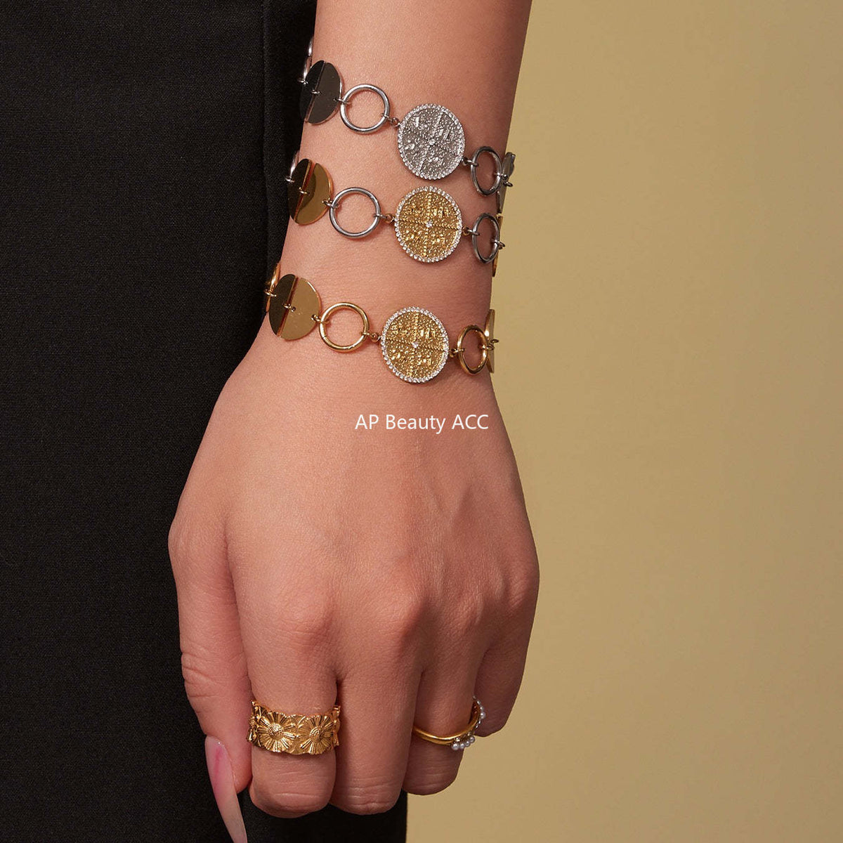 B廠-歐美新款配飾不鏽鋼圓片字母鑲嵌鋯石項鍊手鍊套裝鍍18k金「TXP488」25.11-4