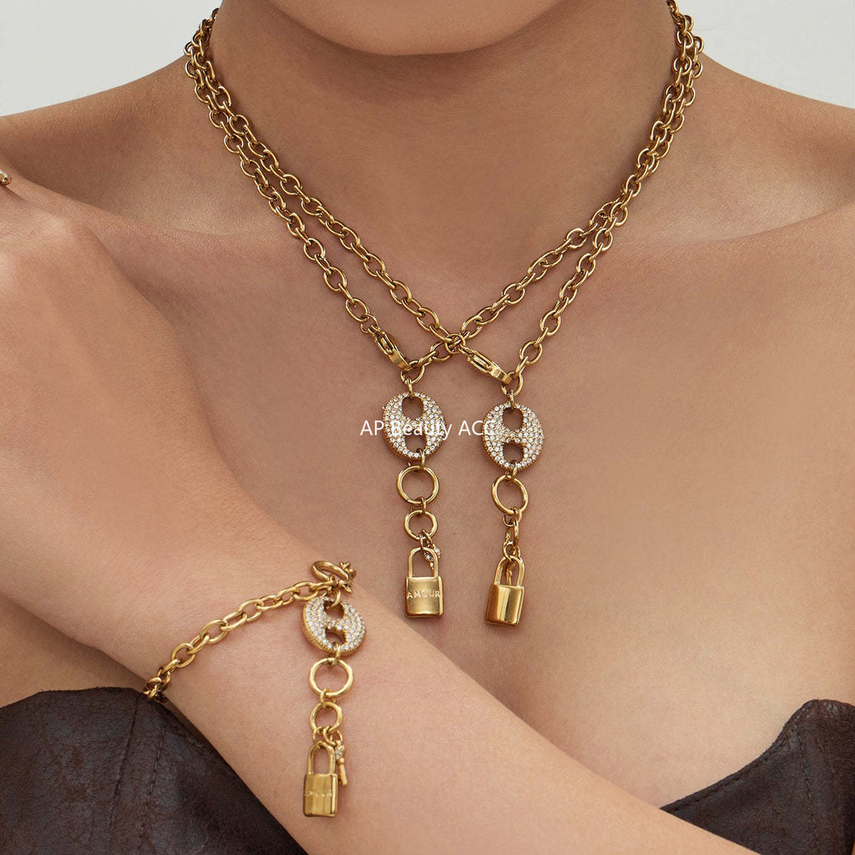 B廠-不鏽鋼滿鑽鋯石豬鼻子鎖頭流蘇吊墜珠寶扣項鍊手鍊套裝鍍18k真金「TXP516」25.12-2