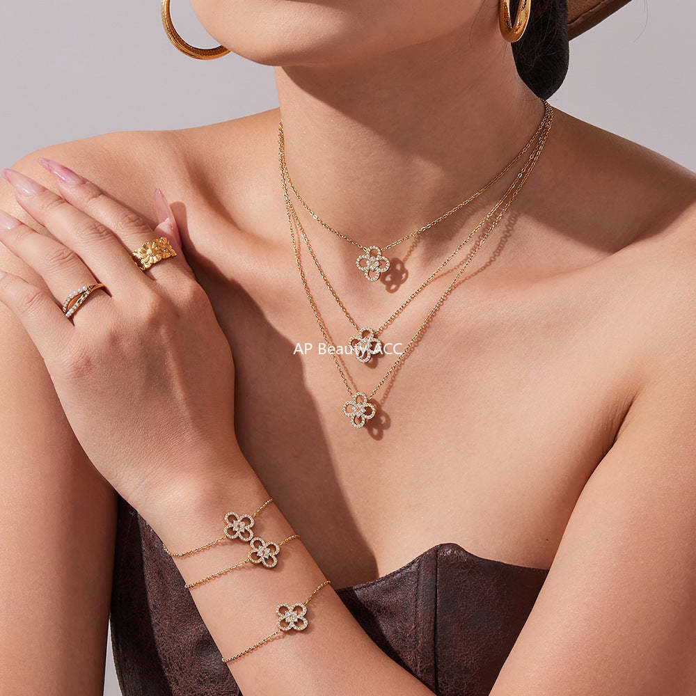 B廠-不鏽鋼四葉草鋯石項鍊手鍊 鍍18k金歐美時尚百搭個性首飾「TXP474-TXE474」25.11-3