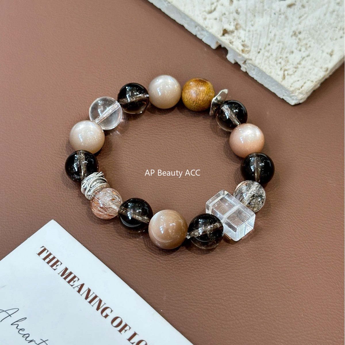 AS廠-天然奶茶月光白水晶手串茶晶黑金超轉運招財小眾設計美拉德手「l2969」25.10-5