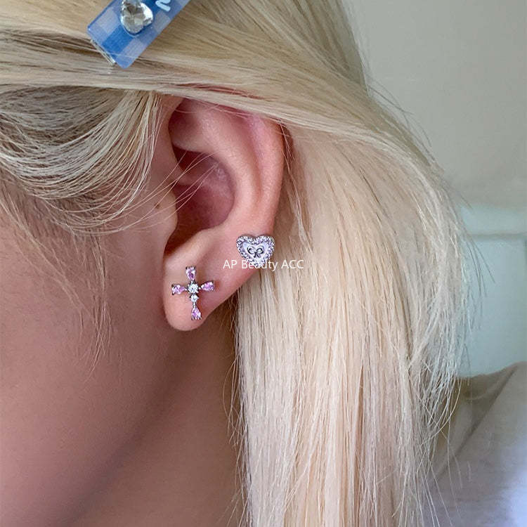 C廠-甜美精緻粉色鋯石十字架耳釘女個性獨特小香風鈦鋼耳骨釘小眾耳飾「EH-4328」25.11-4