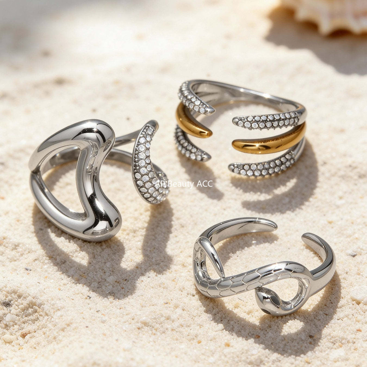 B廠-不鏽鋼細鑽鑲嵌鋯石開口戒指組合鍍18k真金INS小眾時尚設計手飾品「A382-A-A622-A674」25.12-3