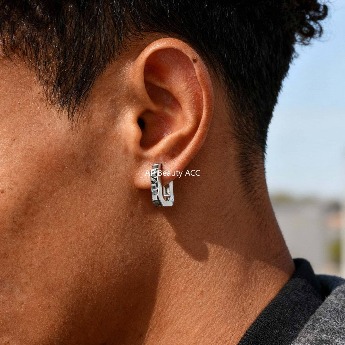 G廠-不鏽鋼黑色水鑽八邊形潮流玩家INS 風男友風耳圈鋼色「EH-802」25.12-1