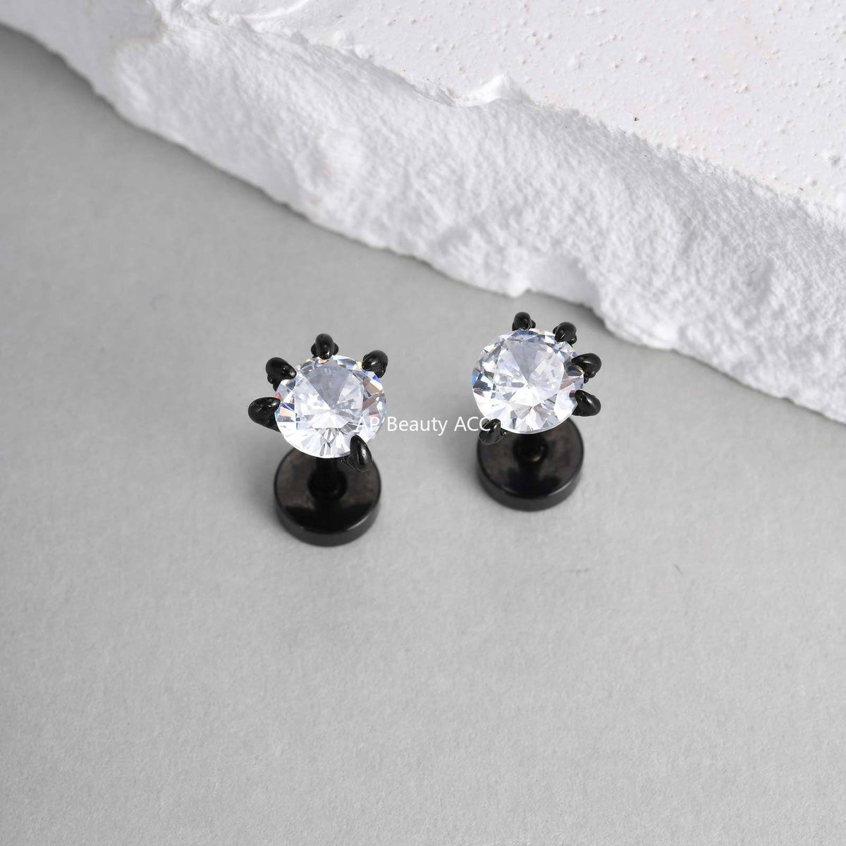 G廠-不鏽鋼簡約百搭冷淡小眾白鋯石龍爪耳釘黑色「ES-767B」25.11-3