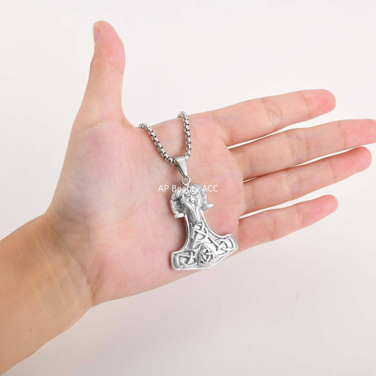G廠-哥特風 不鏽鋼維京羊頭雷神錘吊墜項鍊 北歐男士復古飾品「PN-2218」25.11-1
