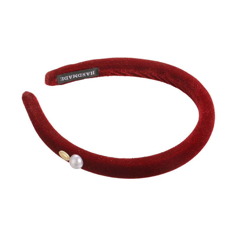 E廠-復古港風絲絨頭箍喜慶紅色絨面珍珠銘牌寬窄髮箍新款新年時尚髮卡「27822」25.12-3