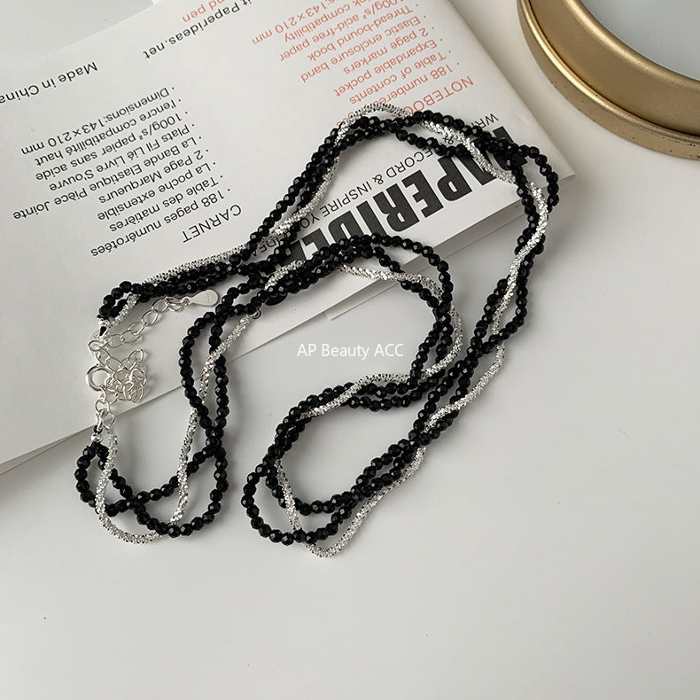 C廠-優雅氣質潮流百搭甜酷S925純銀黑尖晶碎銀子三層項鍊通體銀「XG40」25.10-3