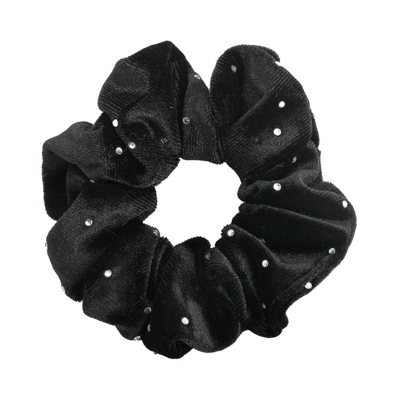 E廠-秋冬高級感韓系黑色絲絨燙鑽大腸髮圈百搭實用馬尾髮繩復古髮飾女「27641」25.11-1